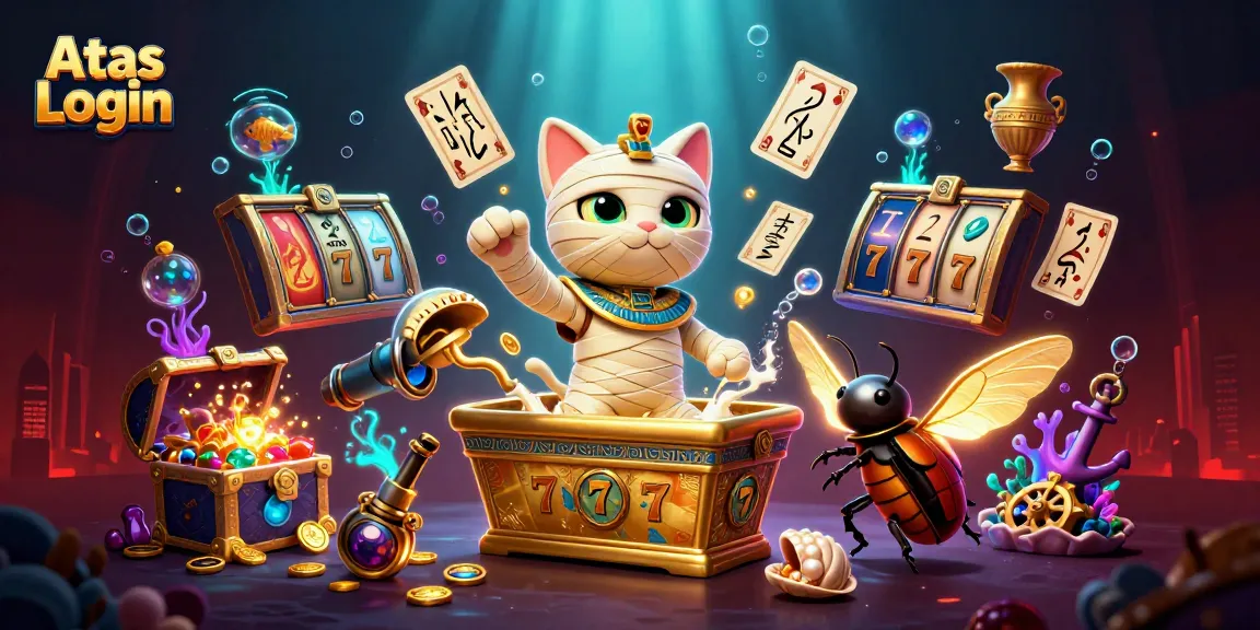 Experience Atas Login with a cartoon mummy cat and floating slots, engaging in epic casino gameplay.