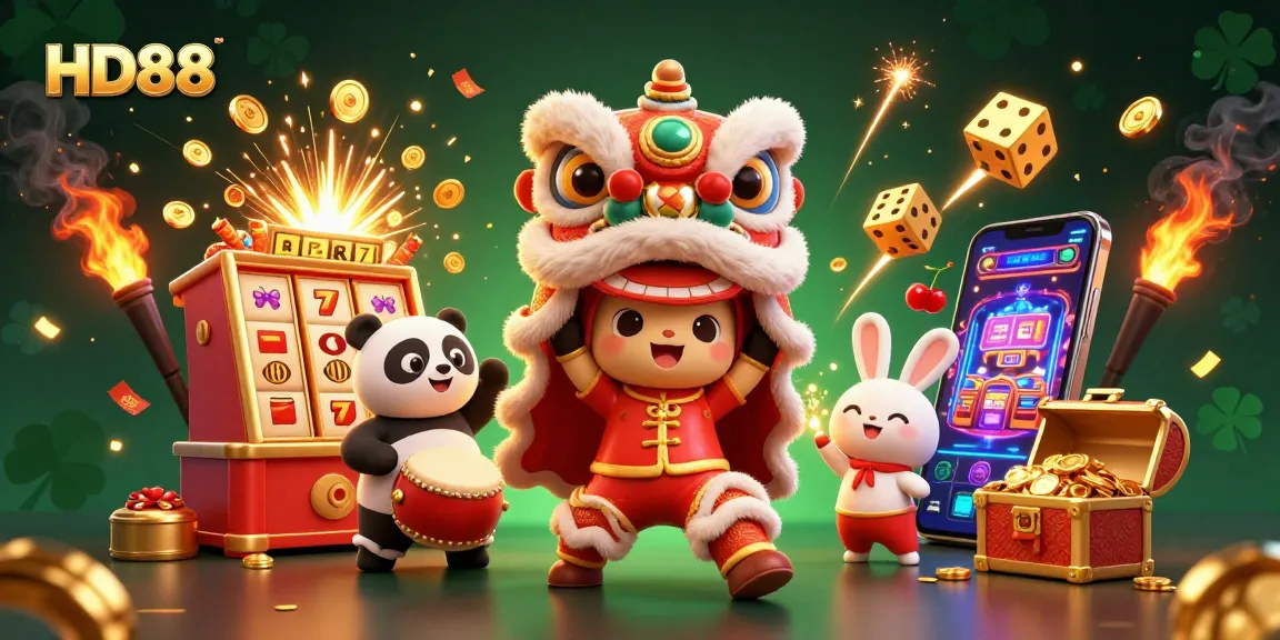 Experience thrilling gaming action with HD88 in a festive casino scene featuring vibrant characters and winning elements.