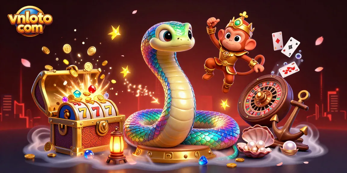 Engage in thrilling games at vnloto com, featuring a vibrant rainbow serpent and magical elements.
