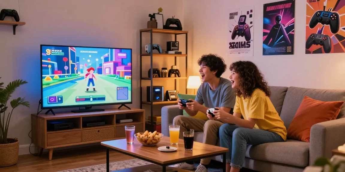 Couple enjoying hentaigames together in a cozy living room setting.