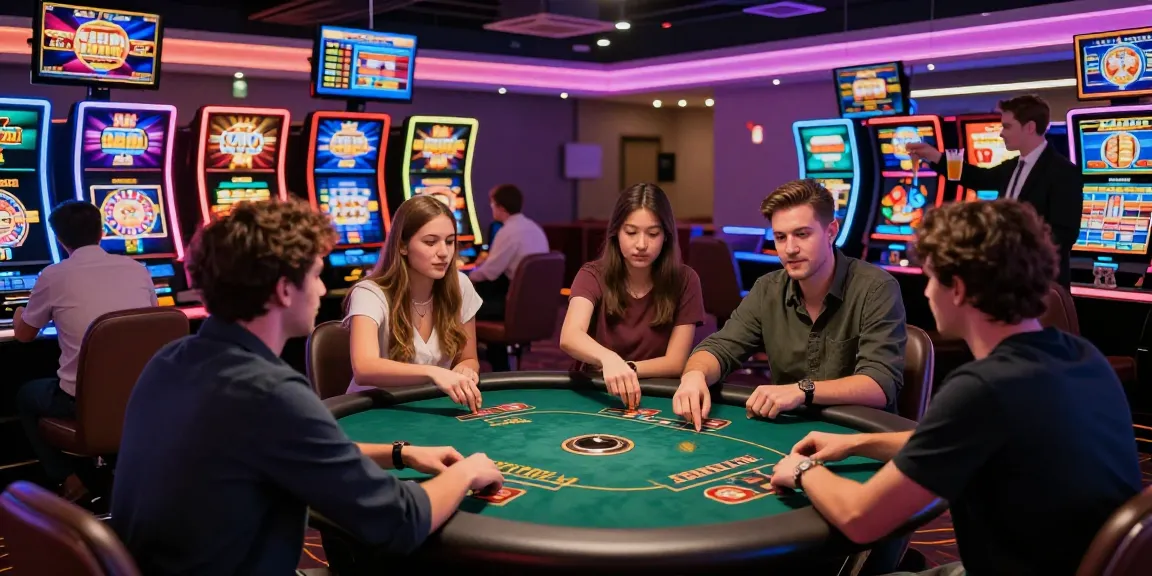 KO66 players enjoying vibrant casino games with neon lights and lively interactions.