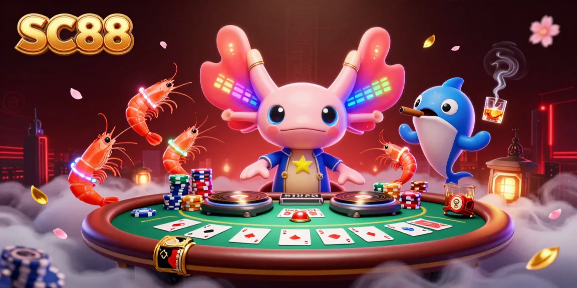Experience the excitement of SC88 casino with vibrant characters and poker action in a colorful underwater scene.