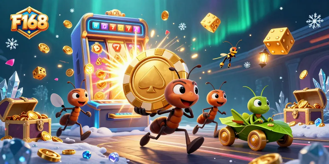 Join the thrilling F168 casino heist with a team of ants, golden poker chips, and exciting slot machine action!