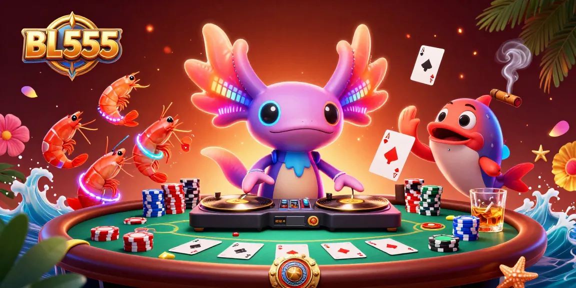 Engage with BL555's vibrant casino scene featuring a neon DJ and dynamic gambling elements.