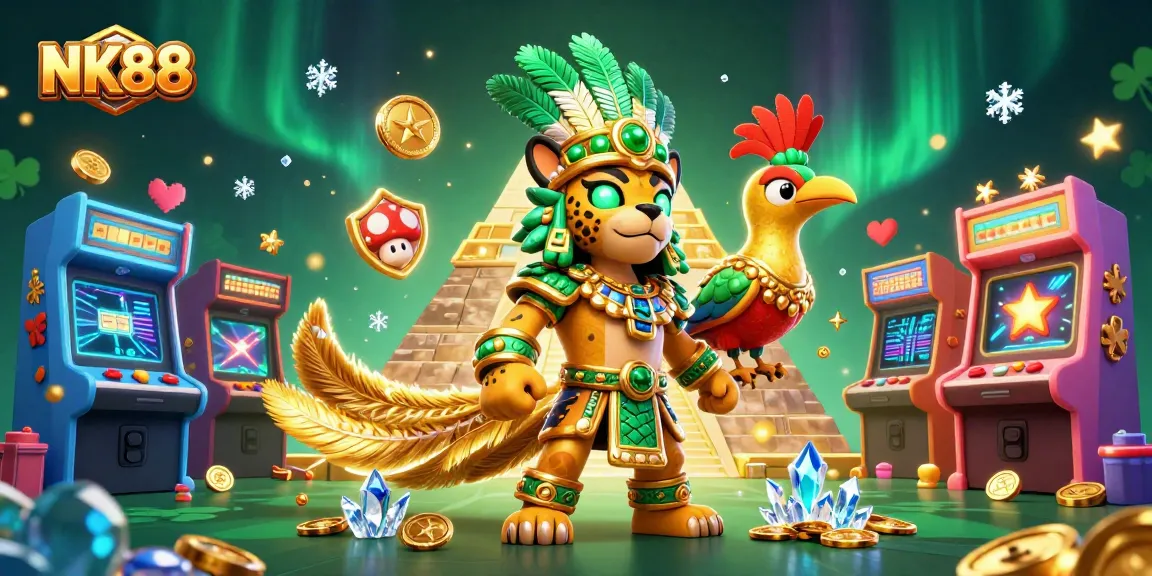 Engage in thrilling gaming with NK88, featuring a vivid scene of Mayan-themed characters amidst casino elements.