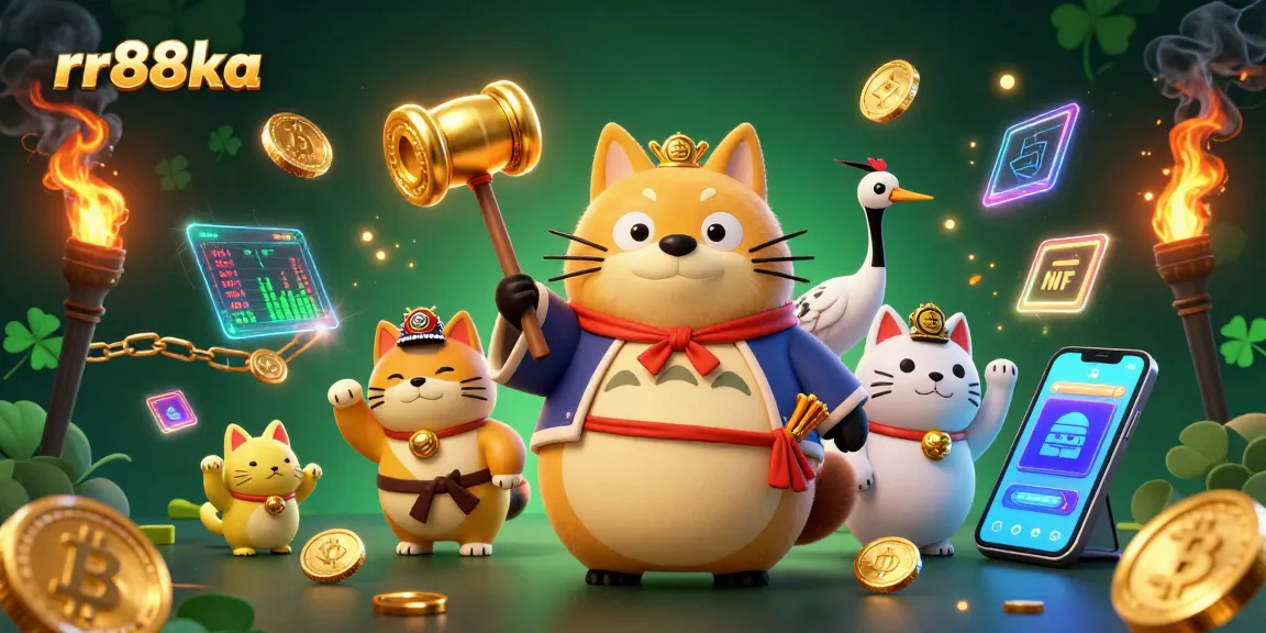 Engage with the vibrant rr88ka online casino scene featuring a cheerful tanuki, cranes, and colorful maneki-neko amidst glowing crypto coins.