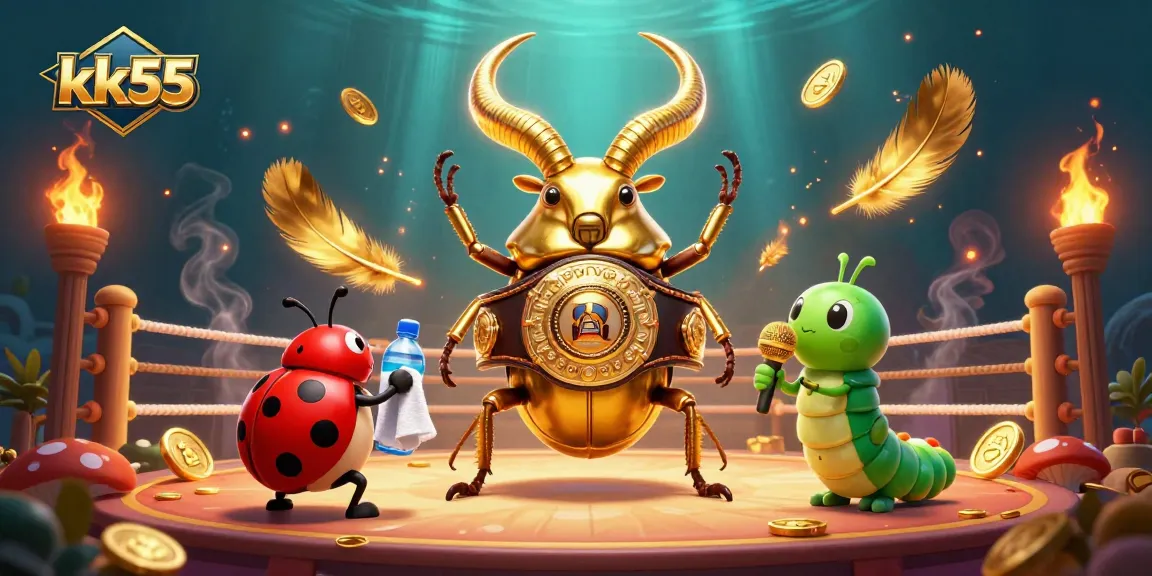 Enjoy an exciting showdown at KK55 with a golden stag beetle and vibrant scenes full of betting tokens.