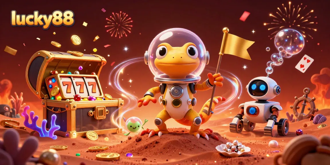 Join the Martian gecko discovering lucky88 treasures in a casino adventure with cosmic excitement!