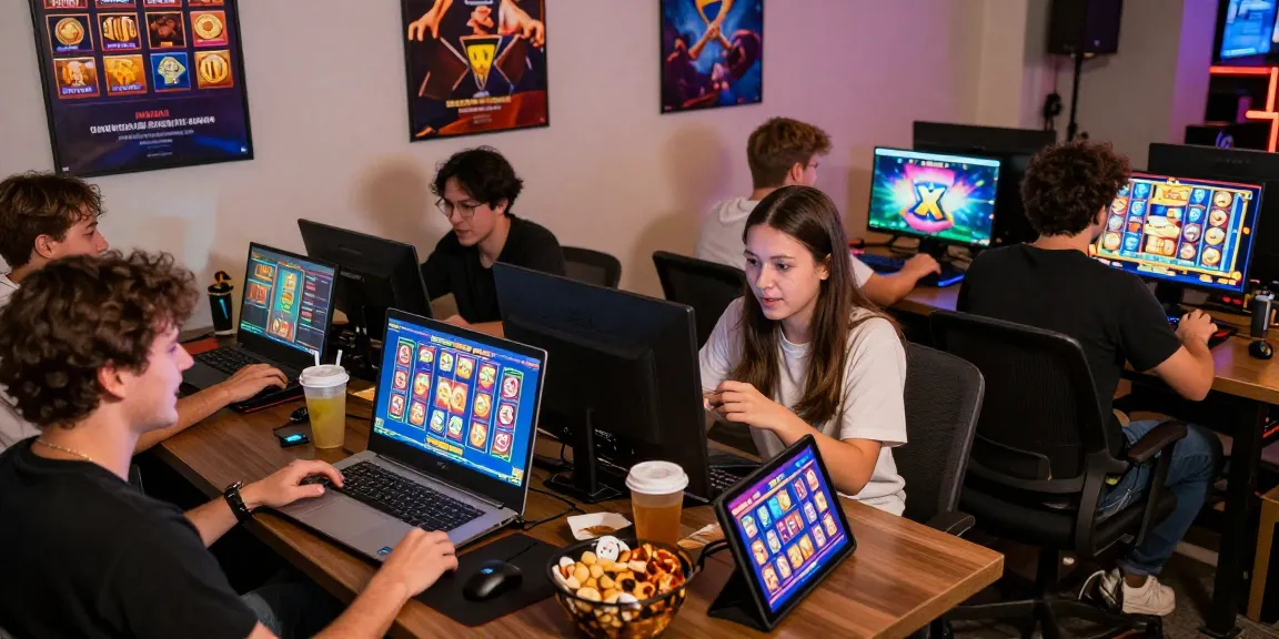 Exciting bonus buy slots gaming scene with diverse players enjoying colorful slot graphics in a cozy environment