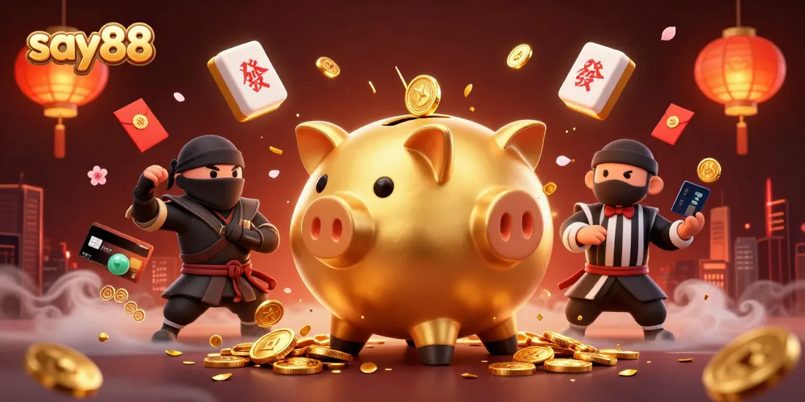 Engage with say88's vibrant 3D casino scene featuring a golden piggy bank sumo wrestler and dynamic game elements.
