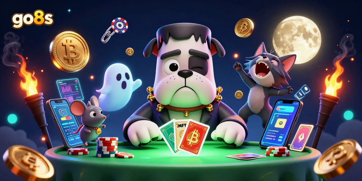 Engage in an exciting game with go8s as a cartoon Frankenstein bulldog deals cards surrounded by crypto elements.