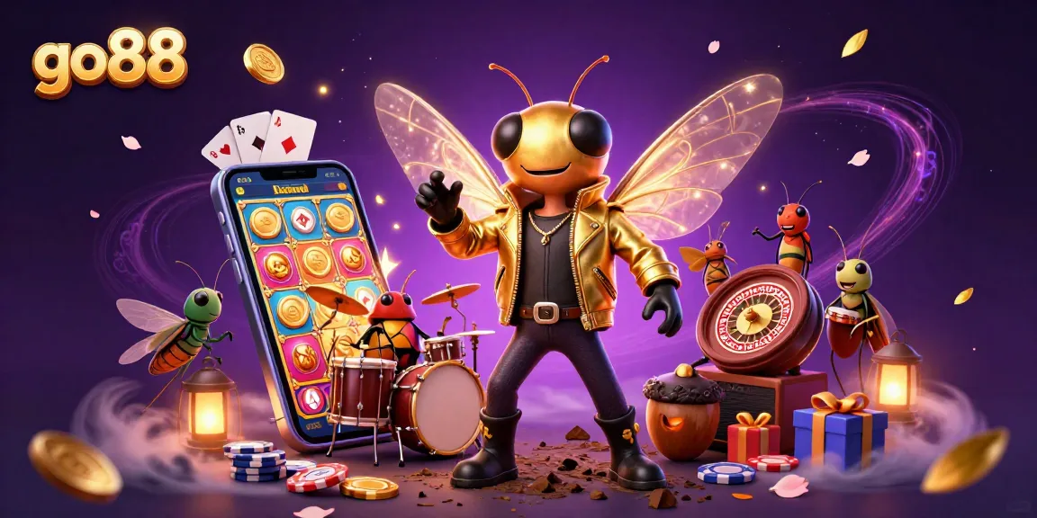 Experience excitement at go88 with a 3D cicada rock star, vibrant slot games, and dynamic casino elements.