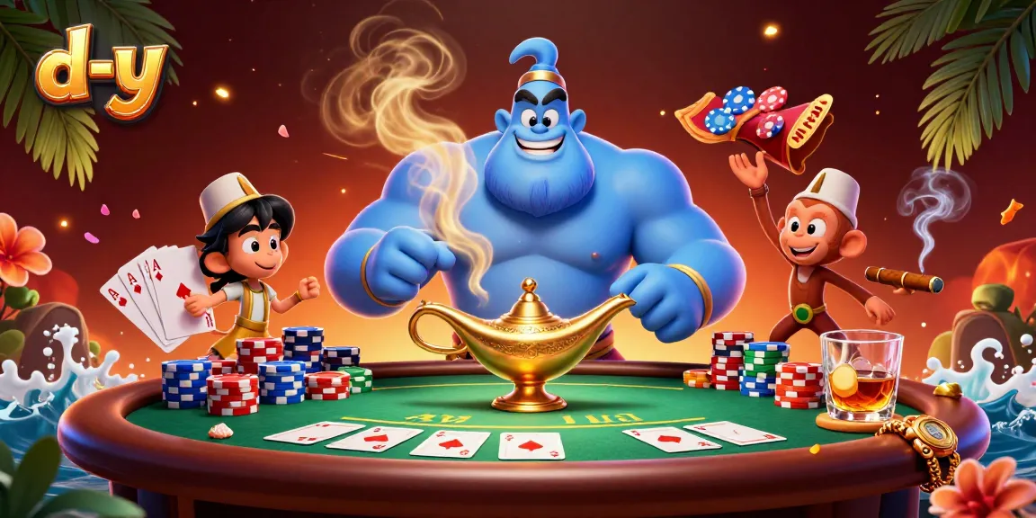 d-y engages players with dynamic poker scene featuring a genie and magical elements.