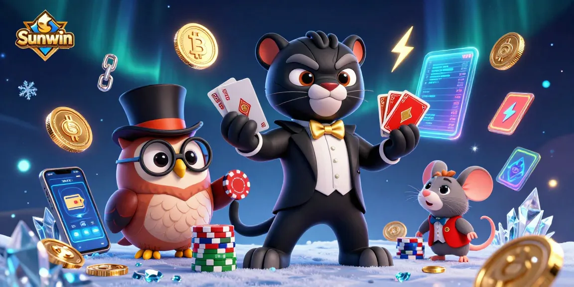 Play exciting games at Sunwin while stylish characters showcase poker chips and cryptocurrency in an elegant casino setting.