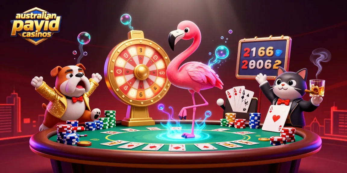 Engage with the dynamic scene featuring australian payid casinos, where a flamingo host spins a prize wheel with a bulldog and cat assistant.