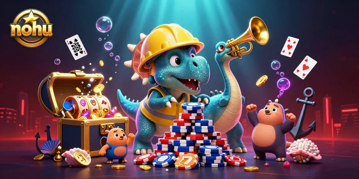 Nohu players engage in thrilling slot games amid a festive celebration by cartoon dinosaurs.