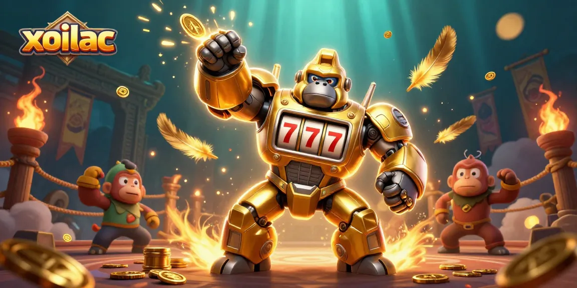 Xoilac offers thrilling slots action with a golden gorilla mech bursting with coins and vibrant casino elements.