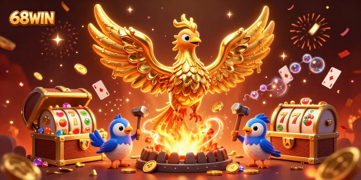 Experience thrilling gaming action at 68WIN with molten gold details and slot game elements.