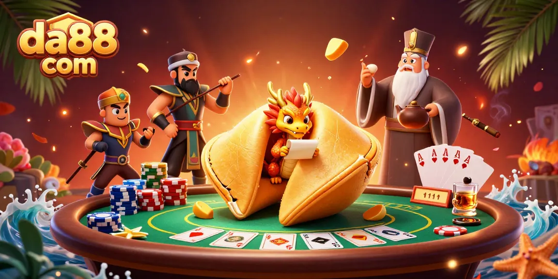 Play thrilling casino games at da88 com, featuring a vibrant 3D scene with poker elements and golden symbols.
