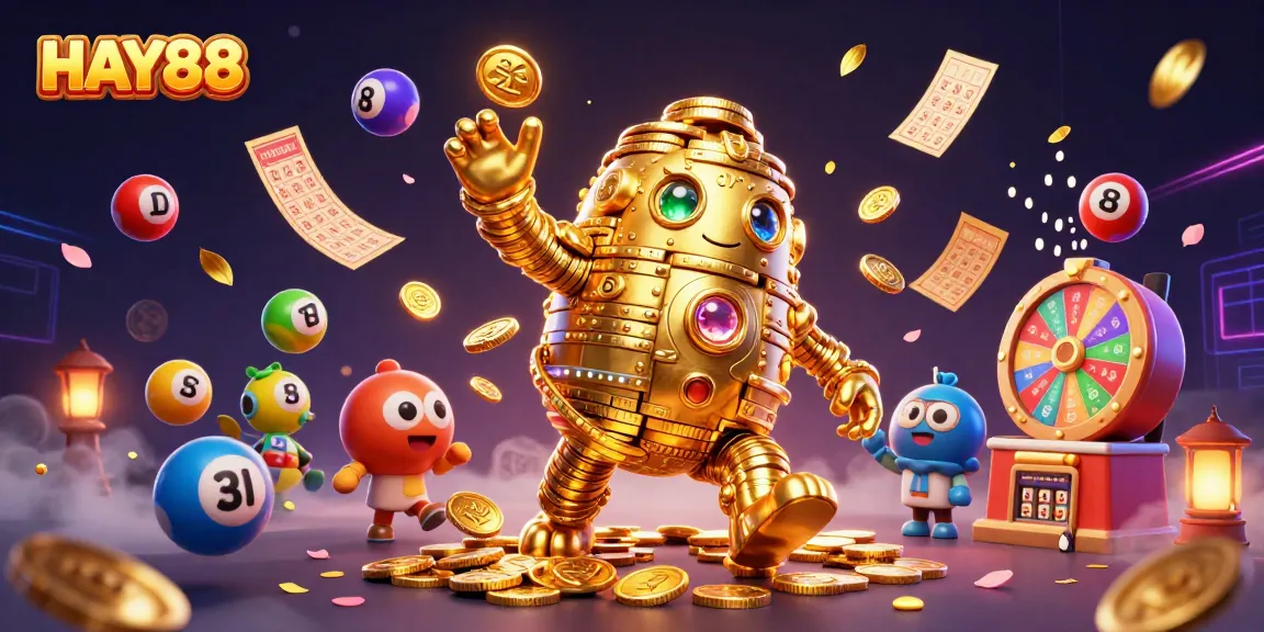 Experience HAY88's excitement with colorful lottery balls and a golden golem in a vibrant casino scene.