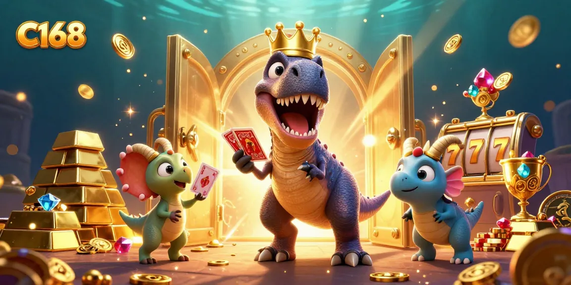 C168 casino scene with a T-Rex shuffling cards and friends stacking chips, packed with treasures