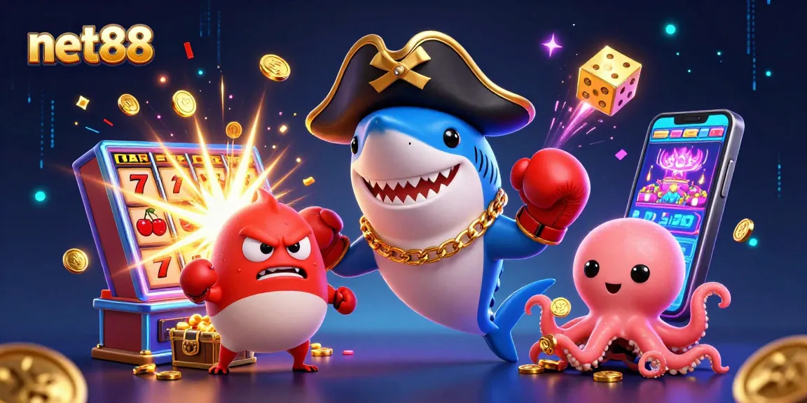 Join the exciting net88 jackpot adventure with a cool cartoon shark, pufferfish, and octopus!