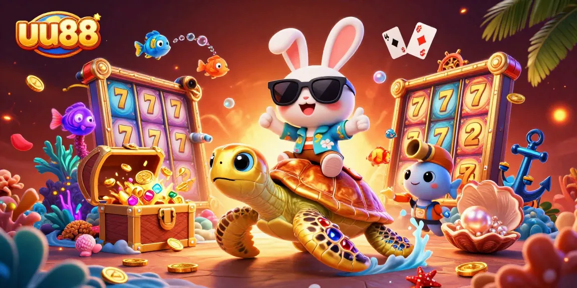 Experience thrilling gameplay with uu88, featuring a lucky rabbit and a golden turtle in a vibrant casino scene.