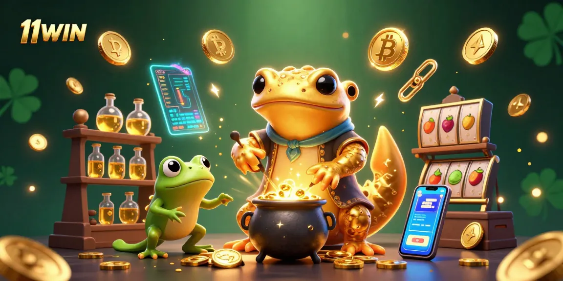 11WIN showcases a golden salamander alchemist with crypto coins, slot elements, and gold cauldron for gamblers.