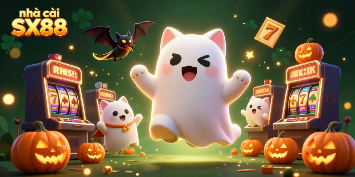 Engaging scene of nhà cái SX88 featuring a friendly ghost cat and casino elements like slot machines and jackpots.