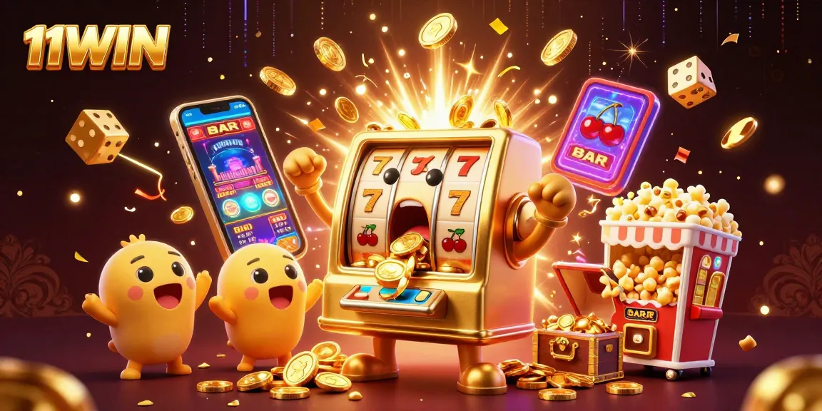 11WIN slot machine celebrates a jackpot win with coins pouring out, surrounded by festive elements.