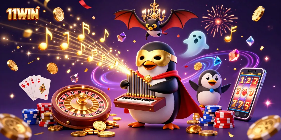 Experience thrilling moments with 11WIN in this vibrant casino-themed illustration featuring engaging characters and dynamic gaming elements.