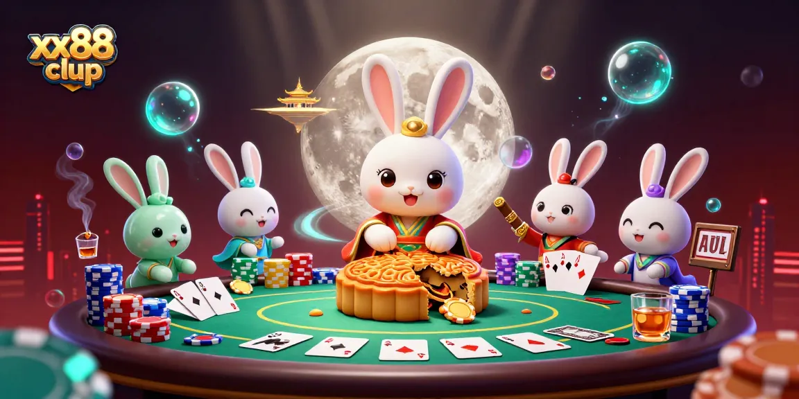 Engage with xx88 clup as a lunar rabbit reveals poker chips, blending folklore with casino excitement.