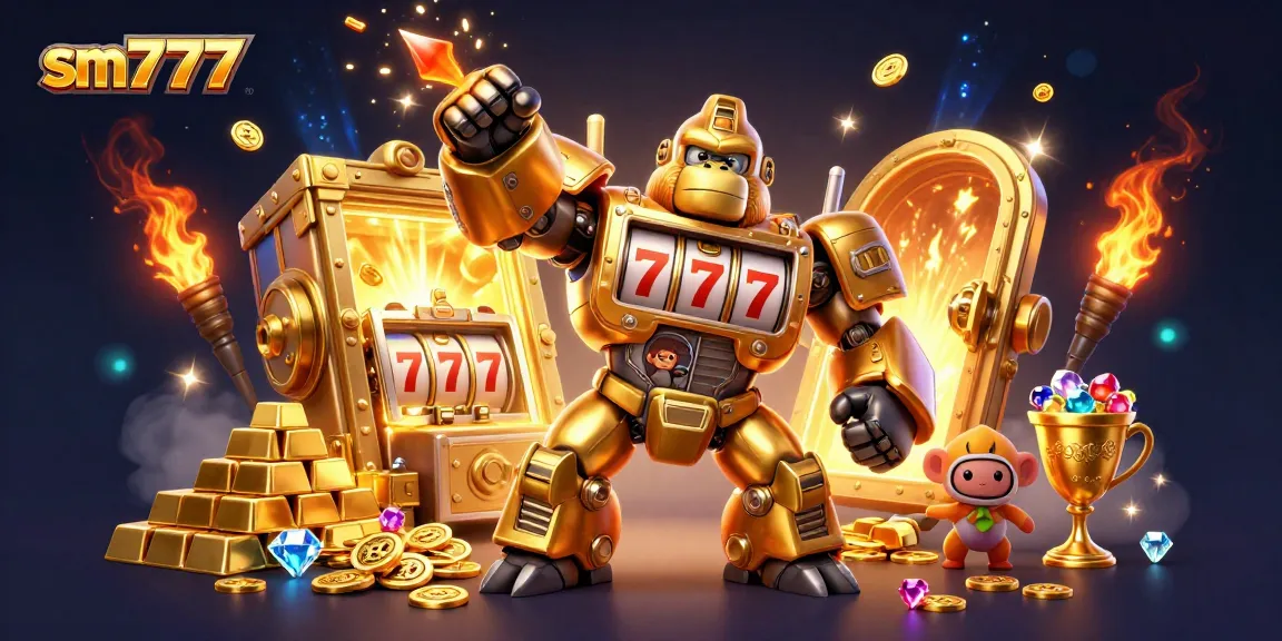 Engage with exciting sm777 casino action through an electrifying 3D illustration featuring a golden gorilla mech.