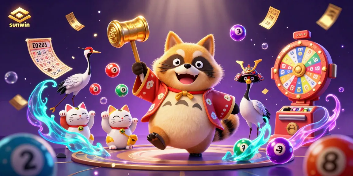 Experience the excitement of sunwin with cheerful tanuki and vibrant lottery elements!