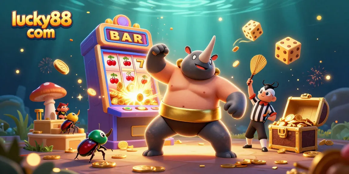 Engage in thrilling gameplay at lucky88 com featuring animated beetles amid a festive casino scene.