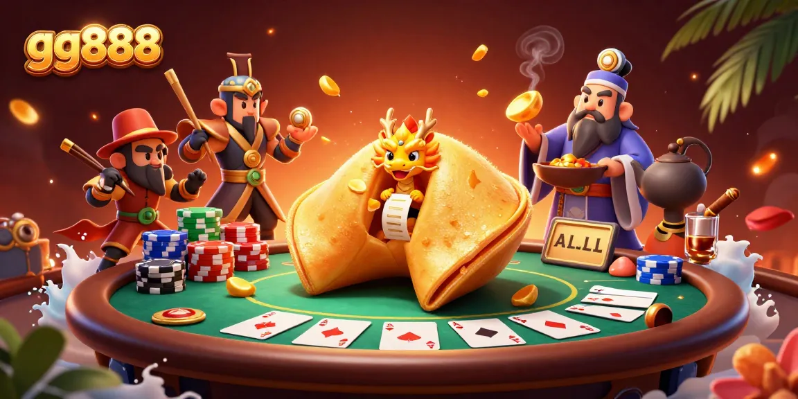 Experience the vibrant world of gg888 with a dynamic casino scene featuring golden fortune cookies, poker chips, and more.