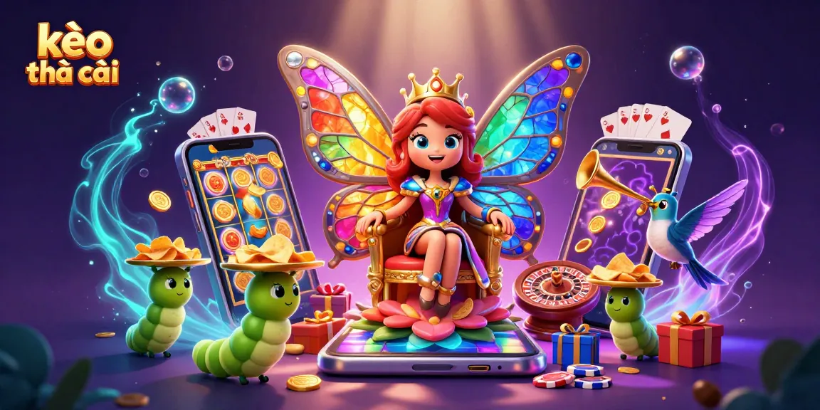 Spin the reels and explore kèo nhà cái with vibrant characters and casino elements in a magical scene.