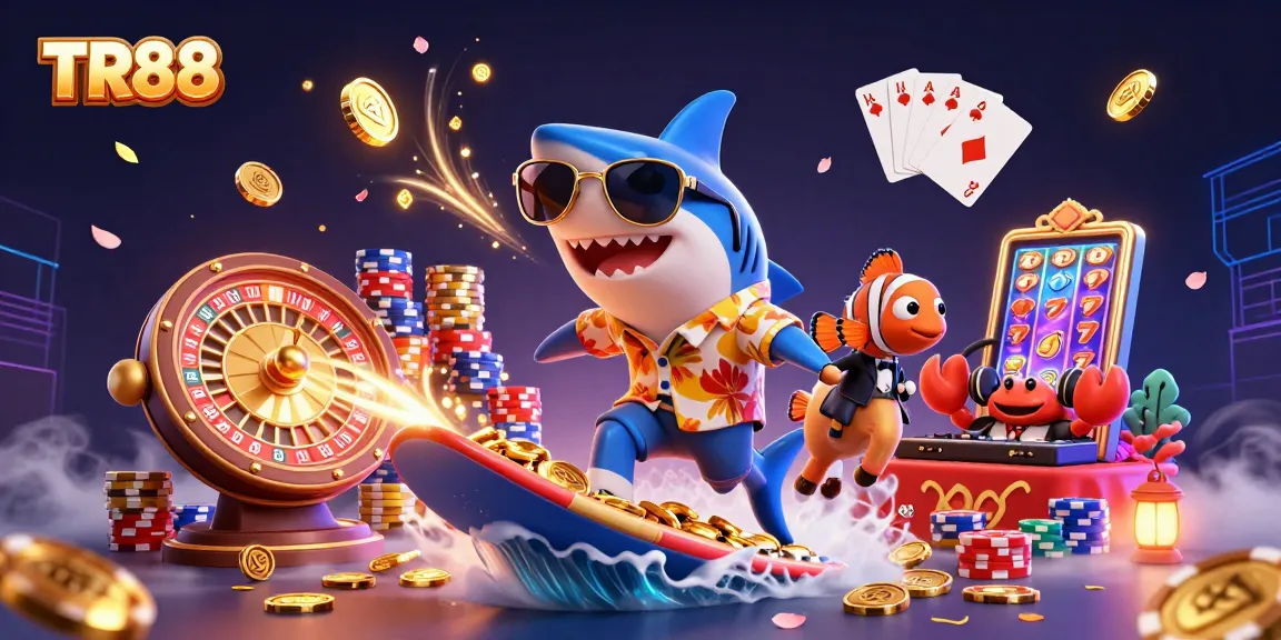 Surf and win with TR88: a shark, clownfish, and crab celebrate casino fun amidst gold coins.
