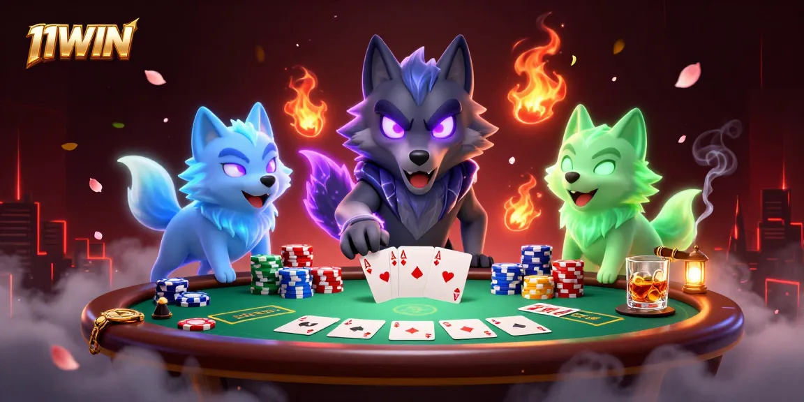 Engage in thrilling poker gameplay with 11WIN's animated wolf characters and dynamic casino elements.