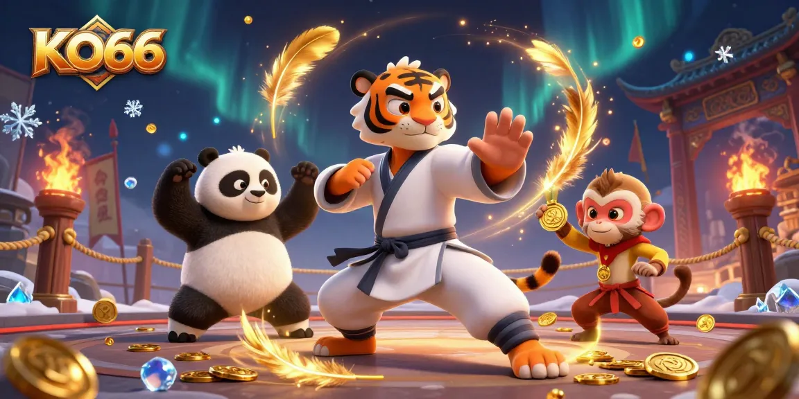 Experience the excitement of KO66 with a thrilling 3D casino scene featuring a kung fu master and playful characters.