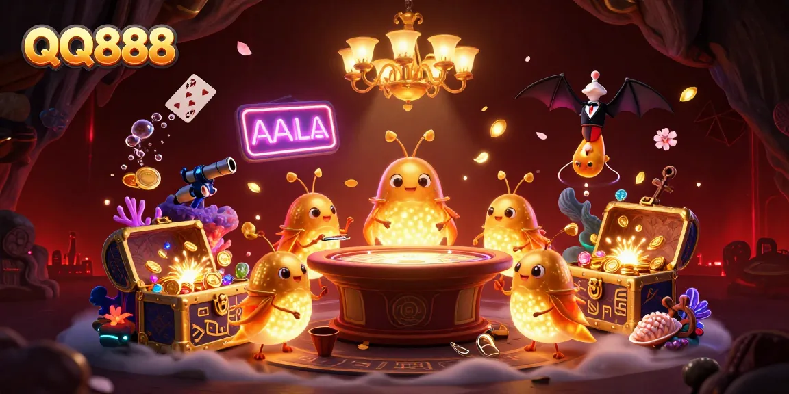 Experience QQ888's vibrant casino scene designed with glowworms, a bat dealer, and treasure elements enriching gameplay.