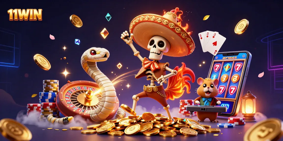 Experience the excitement of 11WIN with a lively mariachi rooster amidst gold coins and sparkling gems.