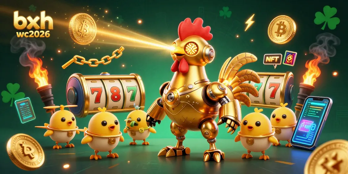 Engage with bxh wc2026 through a vibrant 3D scene featuring golden rooster robot and slot elements.