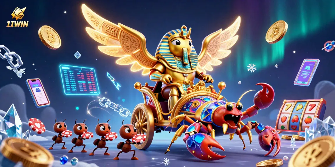 11WIN offers players a vibrant and dynamic 3D casino scene with gold elements and crypto symbols.