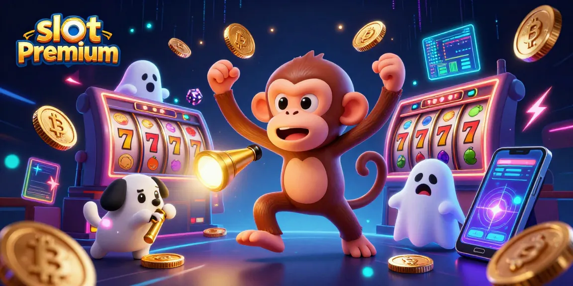 Experience the thrill of slot premium games with a playful poltergeist monkey and ghost-hunter puppy in a vibrant casino