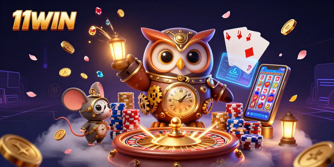 Experience excitement with 11WIN; stunning 3D casino illustration depicting a time-traveler owl and dynamic game elements.